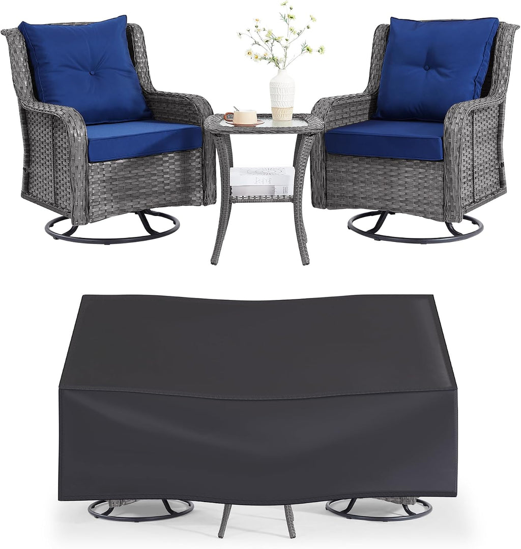 3 Piece Grey Wicker Blue Cushion Patio Set