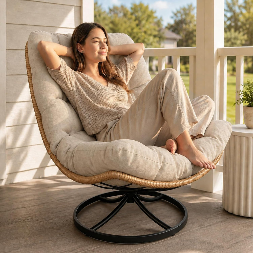 Beige Wicker Swivel Egg Patio Chair