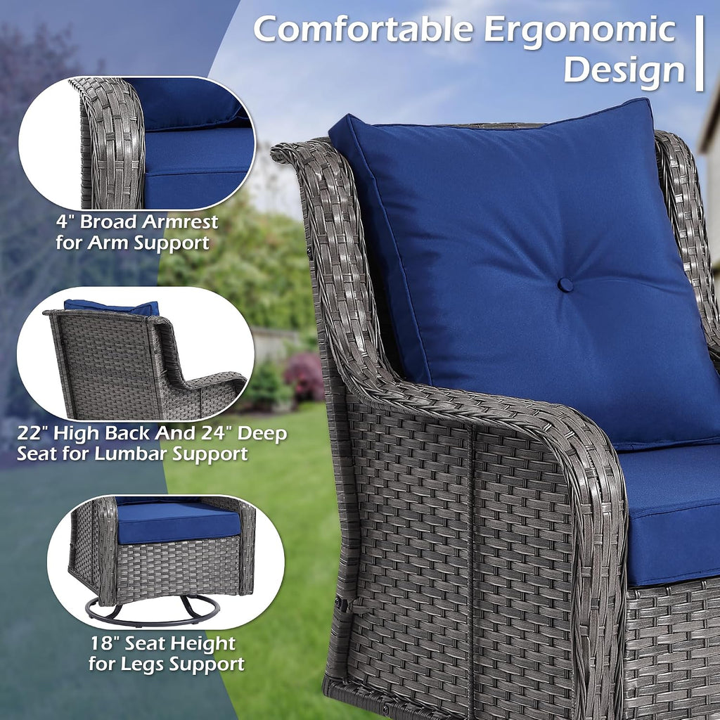 3 Piece Grey Wicker Blue Cushion Patio Set