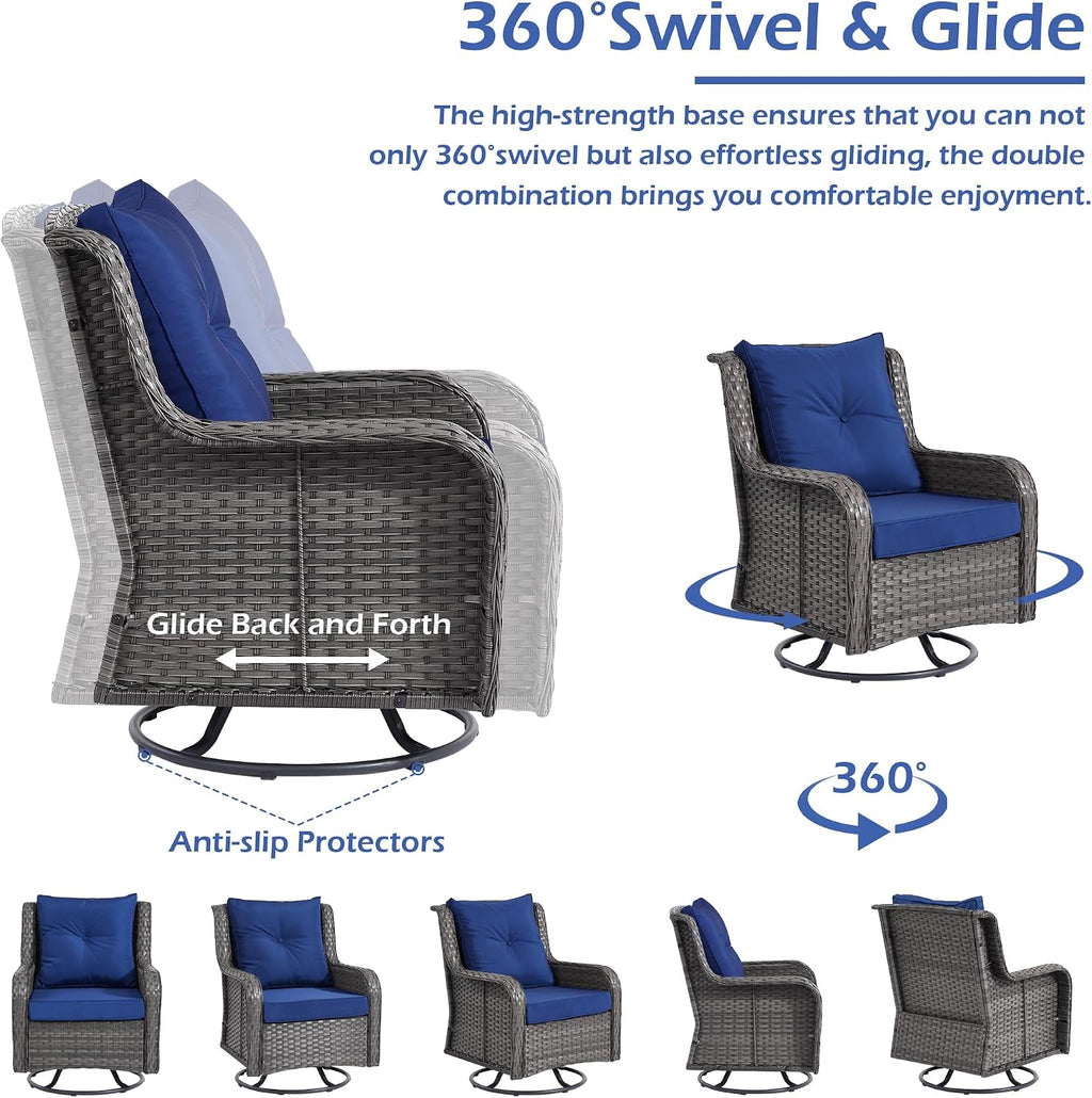 3 Piece Grey Wicker Blue Cushion Patio Set
