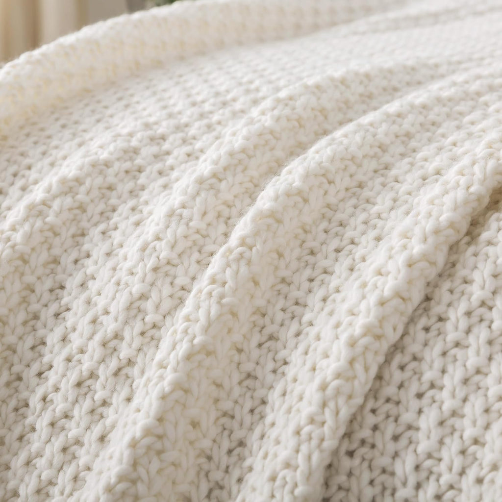 Chunky Cable Knit Ivory Throw Blanket