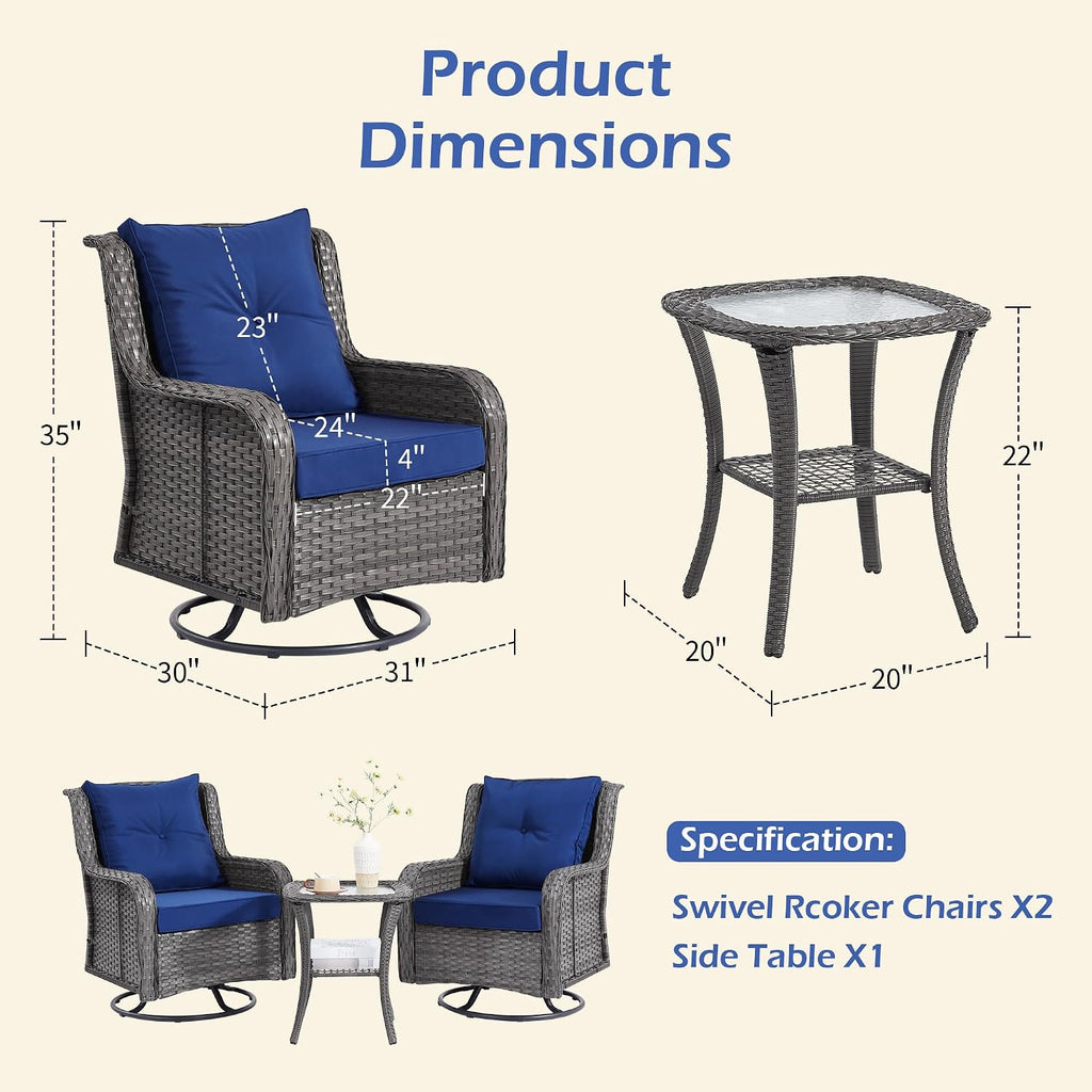3 Piece Grey Wicker Blue Cushion Patio Set