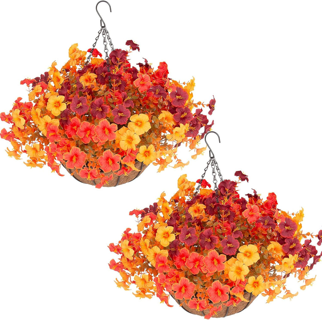 Orange Artificial Fall Hanging Flower Baskets 2 Set
