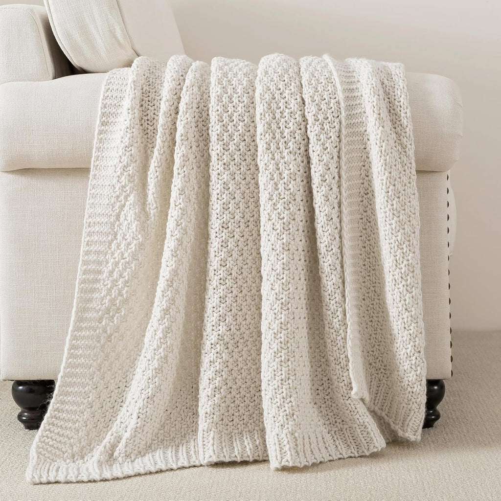 Chunky Cable Knit Ivory Throw Blanket