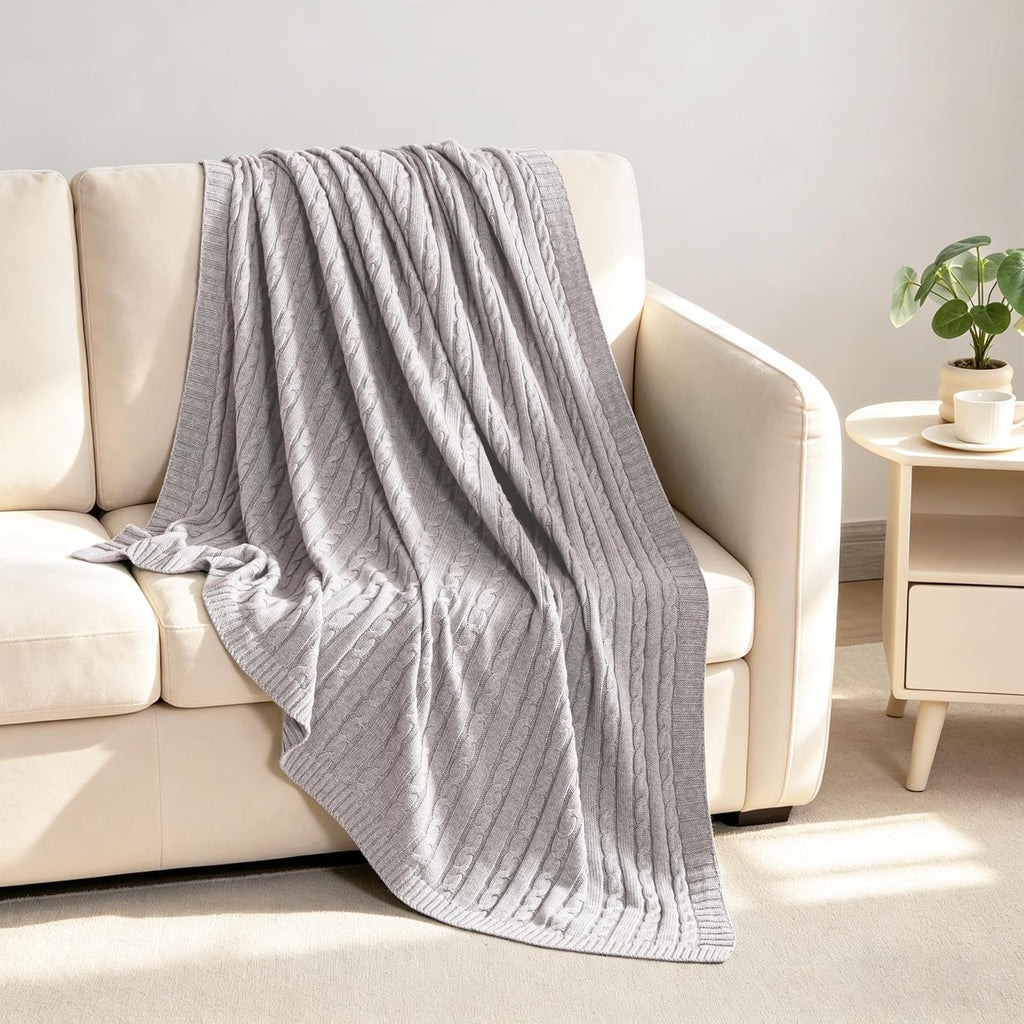 Cotton Cable Knit Silver Grey Throw Blanket