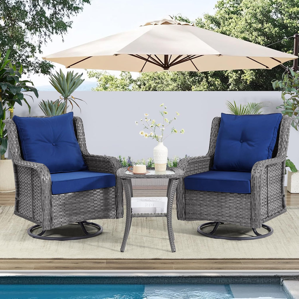 3 Piece Grey Wicker Blue Cushion Patio Set