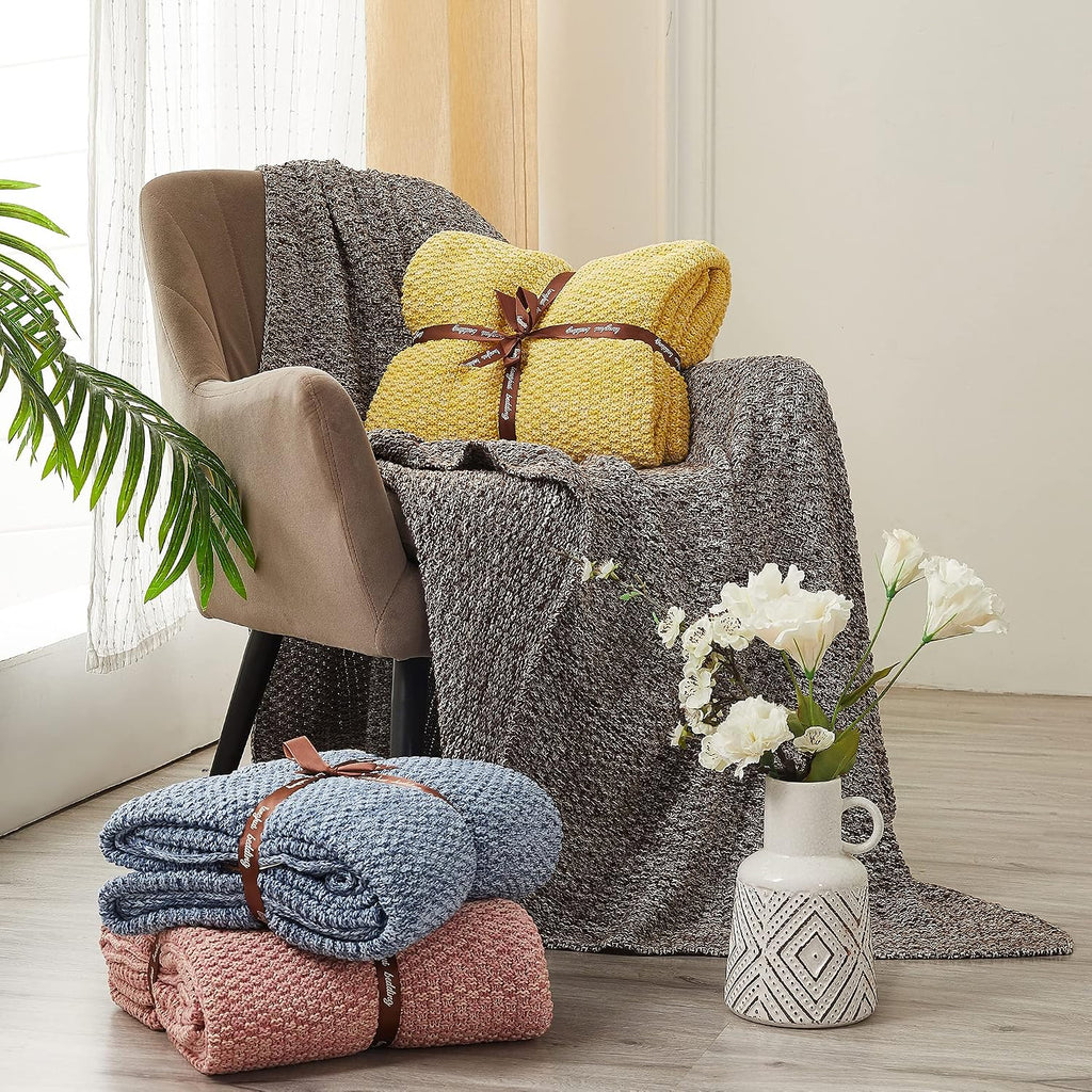 Cotton Knitted Yellow Throw Blanket