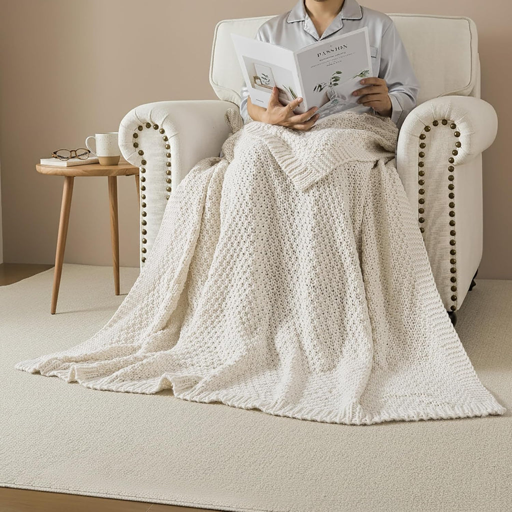 Chunky Cable Knit Ivory Throw Blanket