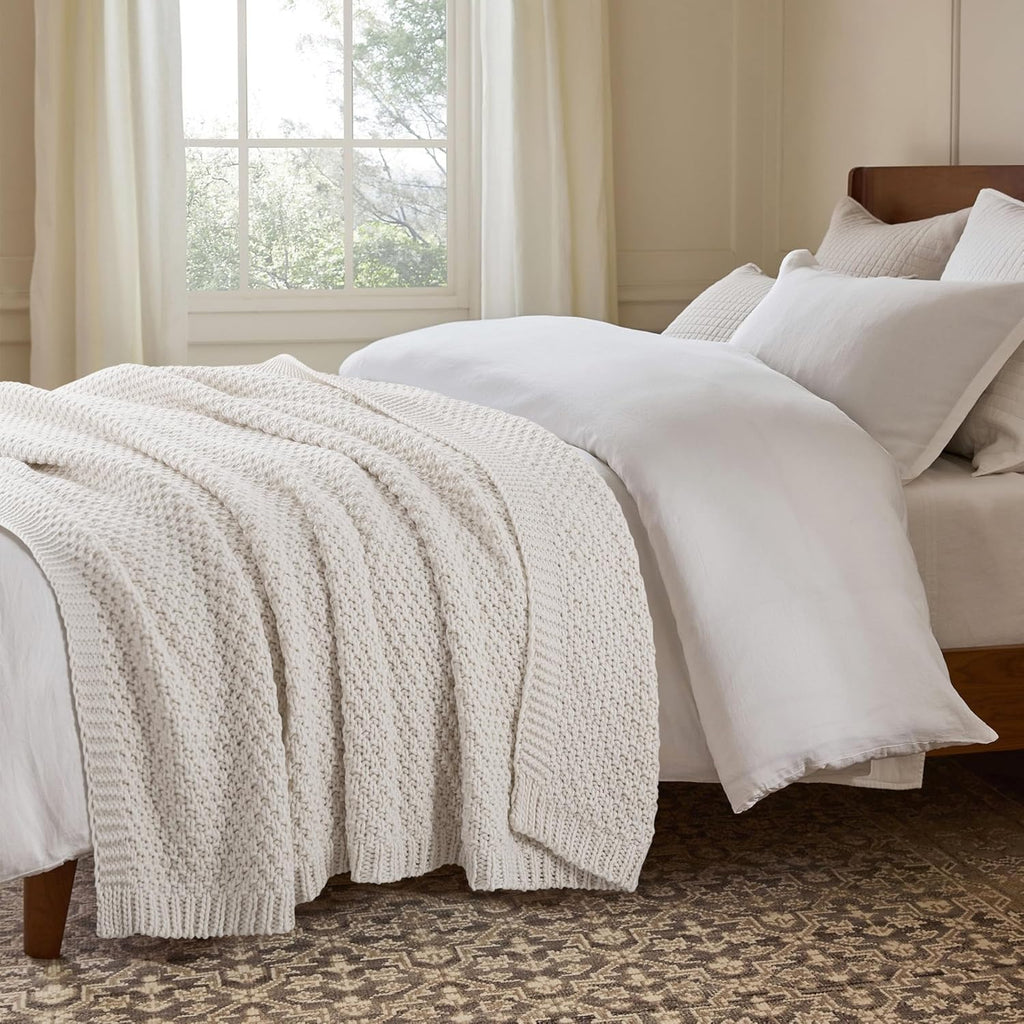 Chunky Cable Knit Ivory Throw Blanket