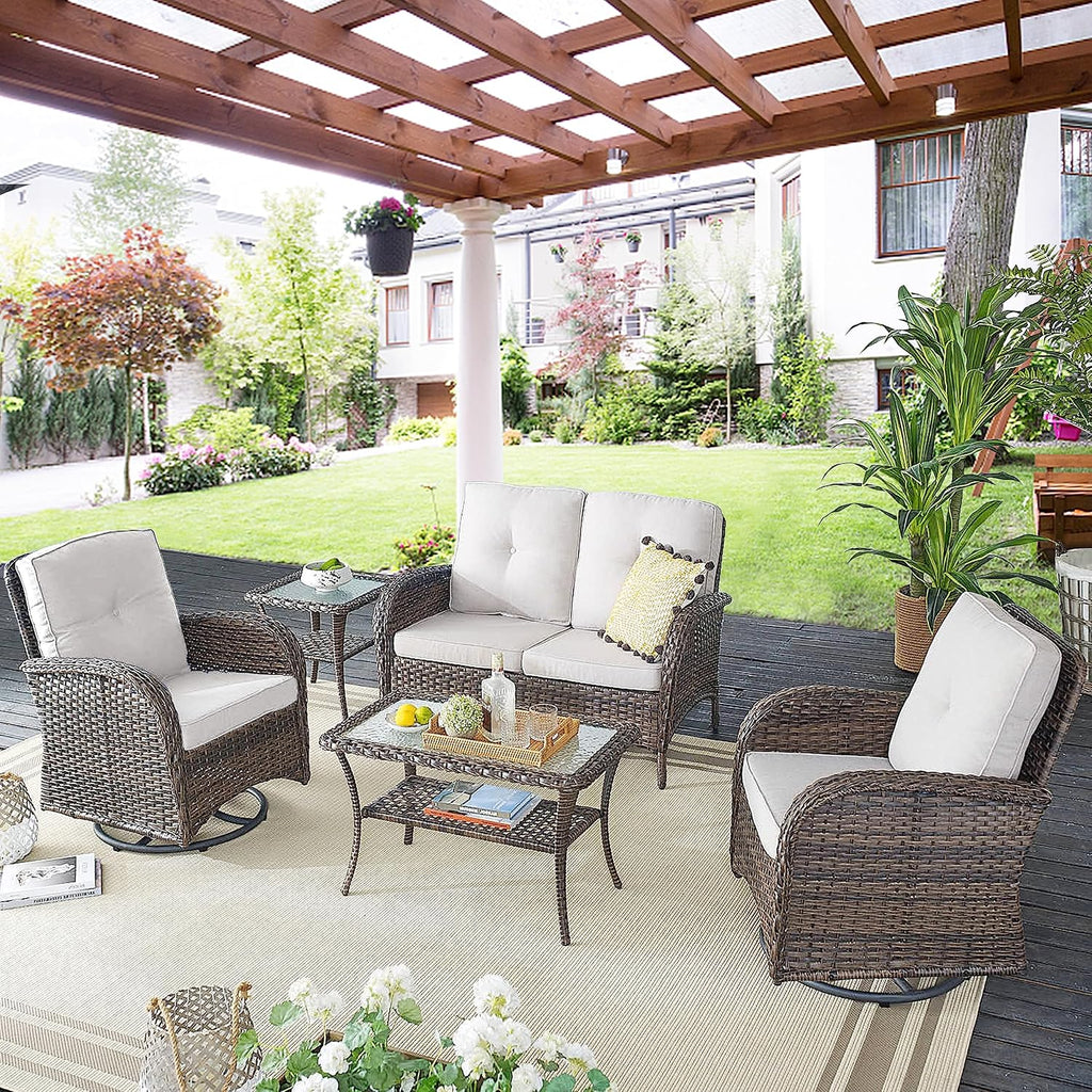 PE Wicker Brown Beige Swivel Patio Chairs